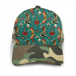 Ball Caps Turquiose Moth And Snake Pattern Flat Cap Curved Hat Mesh Turquoise Blue Green Tattoo Flash Hippie Hipster Ship