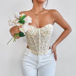 Camis French Bustier Corset Tops Women Sexy Gothic Lace Up Boned Overbust Waist Trainer Floral Embroidery Lingerie Top Corset Clubwear