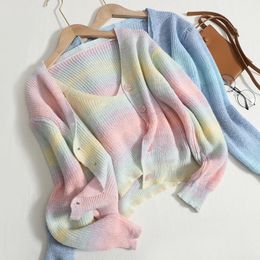 Womens Sweater Sets Korean Style Chic Rainbow Gradient Striped Spaghetti Strap Vest V-Neck Knitting Cardigans Two Pieces 240228