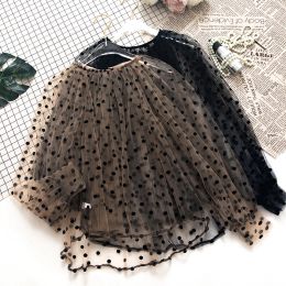 Dresses HISUMA Women Oneck Lantern Sleeve Pullover Embroidery Polka Dot Voile Basic Shirt New Elegant Lady Mesh Gauze Tulle Blouse Tops