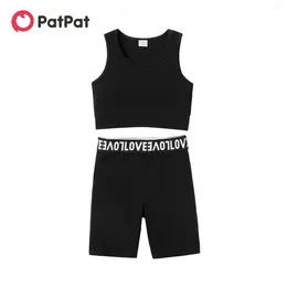 Clothing Sets PatPat 2pcs Kid Girl Solid Color Cotton Tank Tops And Webbing Design Shorts Set