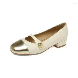 Dress Shoes Lady Mary Jane In Spring Genuine Leather Round Toe Mixed Colours Metal Buckle Heel Height 2.5cm