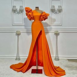 One Shoulder Orange Prom Dresses Summer Puff Short Sleeves Sexy Side Slit Evening Dress Simple Satin Tail Party Gowns