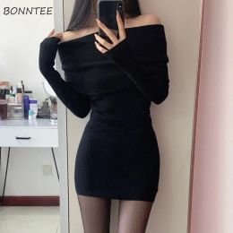 Dress Backless Sexy Dress Women Slash Neck Hot Girls Clubwear Defined Waist European Y2k Clothes Fashion High Street Knitting Hipster