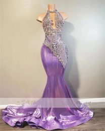 Gorgeous Long Purple Prom Dresses Mermaid Halter Style Sparkly Rhinestones Crystals Gown For Black Girls