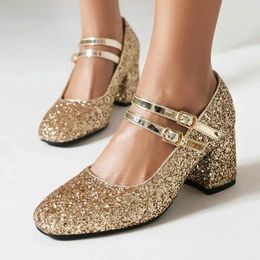 Dress Shoes Sequin Gold Silver Glitter Women Square Chunky High Heeled Bling Party Wedding Woman Pumps Big Size 33-48 Mary Janes Heels