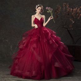 Ball Gown Tulle Vintage Burgundy Wedding Dresses V Neck With Straps Pleats Ruffles Lace-Up Floor Length Red Wedding Gowns281W