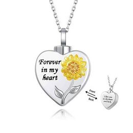 Doreen Box Fashion Cremation Ash Urn Heart Sunflower Pendants Necklace Silver Colour Metal Women Men Can Open Jewellery Gifts 1PC288r