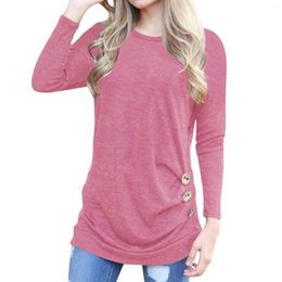 Women's T Shirts Long Sleeve Holiday Loose Autumn Winter Casual Polyester Crew Neck Solid Pullover Soft Women Shirt Button Decor Fashion