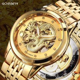 Luxury Dragon Skeleton Automatic Mechanical Watches For Men Wrist Watch Stainless Steel Strap Gold Clock Waterproof Mens Relogio Y257H