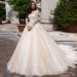 Dresses Fmogl Elegant Illusion Long Sleeve Vintage Wedding Dresses 2022 Scoop Neck Appliques Court Train A Line Bridal Gowns