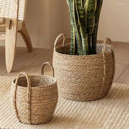 Vases Flower Basket Handmade Woven Planter With Handle Natural Straw Decorative Laundry Strong Load-bearing For Home