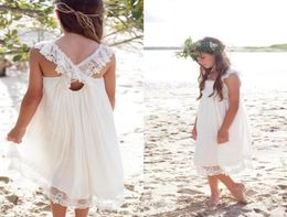 New 2017 Ivory Chiffon Tea Length Boho Beach Country Flower Girl Dresses For Weddings Cheap Square Lace Girls Casual Dress Custom 1065070