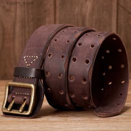 Belts Thick Original Leather Belt Vintage Men Wide Belt Male Cowhide Real Genuine Leather Double Prong Buckle Strap Cowboy Jeans Belt L240308