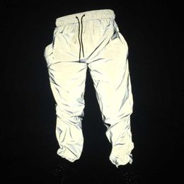 Men's Joggers Reflective Trousers Dance Knee Length Streetwear Harajuku Light Shiny Night 240308
