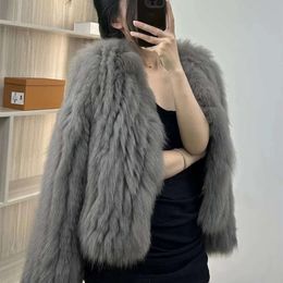 Haining 2023 Winter New Double Sided Woven Fox Fur Coat Women's Short V-Neck Youth Style 381704