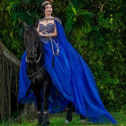 Royal Blue Beading Sequined Ball Gown Quinceanera Dresses With Cape Gold Appliques Lace Corset Vestidos De 15 Anos