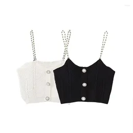 Women's Tanks Summer 2024 Fashion Trend Pearl Halter Top Button Decoration Square Neck Backless Sexy Elegant Short Clothing