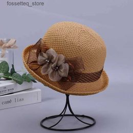 Wide Brim Hats Bucket Hats version summer new womens knitted breathable flower fisherman hat outdoor sunshade sunscreen curly edge short-brimmed Hat L240305