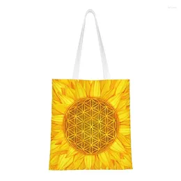 Shopping Bags Flower Of Life Sunflower Grocery Tote Women Mandala Floral Sacred Geometry Canvas Shoulder Shopper Handbags