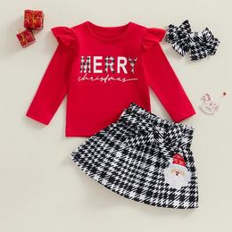 Clothing Sets Toddler Children Kid Girls 2Pcs Christmas Outfits Ruffle Long Sleeve Tops Houndtooth Belted Skirt Set Baby Xmas Clothes