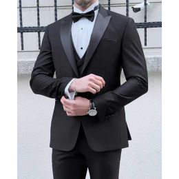 Suits 2023 New Wedding Men Black Satin Peaked Lapel Suits Business Casual Formal Costume Homme Slim Fit 3 Pcs Set Jacket Vest Pants