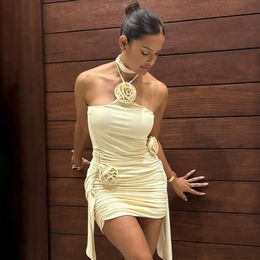 Halter Flower Sexy Mini Dress For Women Strapless Backless Irregular Dress Femme Ruched Skinny Club Party Dress Ladies