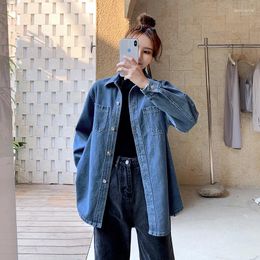 Women's Blouses Blue Denim Shirt For Women Spring Autumn Long Sleeve Lapel Loose Blouse Classical Simple Single Breasted Jean Top Outerwear