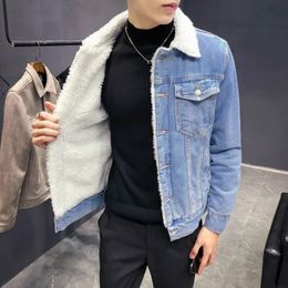 Winter Herren Mode Fleece Dicke Reine Farbe Casual Denim Jacke Männlichen Baumwolle Schlank Vintage Jacken Männer Mäntel 240301