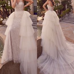 Boho Mermaid Wedding Dresses With Detachable Train Sheer V Neck Sequins Tulle Designer Bridal Gowns Custom Made