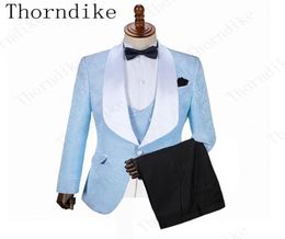 Thorndike Mens Fashion Big Shawl Lapel 3 Pieces Set Pink Red Blue White Wedding Groom Suits Quality Jacquard Banquet Tuxedo Men04705349