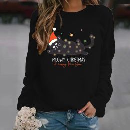 Sweatshirts Hoodie Meowy Christmas Stars Cat Happy Year Christmas Women Casual Long Sleeve Harajuku Fashion Round Neck Casual Girl Sweater