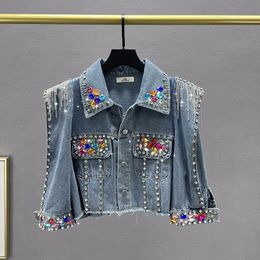 Women Short Denim Jacket Coat Spring Pearl Diamonds Chain Tassel Frayed Burrs Hem Half Sleeve Female Jeans Jacket Streetwear 240301