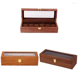 Watch Boxes 6 Slots Wooden Display Case Glass Topped