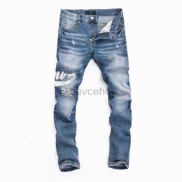 Men's Jeans 2023 Designer Mens Jeans High Street Purple for Men Embroidery Pants Womens Oversize Ripped Patch Hole Denim Straight Fashion Streetwear Slim Blue 240308