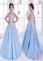 2020 Sky Blue Girls Pageant Dresses Illusion Lace Pink 3D Floral Appliques Satin Kids Flower Long Girls Dress Princess Cheap Birth9318326