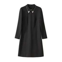 2024 Spring Black Solid Color Dress Long Sleeve Lapel Neck Knee-Length Casual Dresses W4M053202