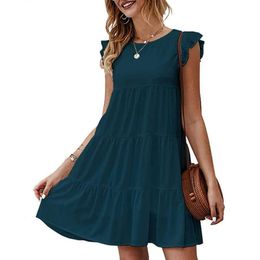 Summer Womens Clothing Dress Solid Colour Round Neck Short Sleeves Casual Cake Pleated Swing