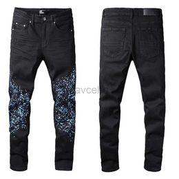 Men's Jeans Winter Style Fashion Mens Jeans High Quality Blue Colour Skinny Fit Spliced Ripped Pants High Street Destroyed Motorcycle Biker Men 240308