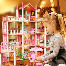 3D DIY Dream Princess Castle Villa Assembly Doll House Set Toy Girl Family Childrens Music 240223