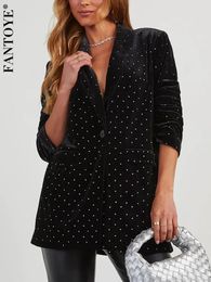 Fantoye Notched Collar Diamonds Sparkling Women Blazer Black Long Sleeve Velvet Blazer Female Winter Fashion Party Club Outfits 240223