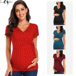 Shirts Liu&Qu Women's Maternity Shirts Short Sleeve Tie Front Wrap Maternity Tops VNeck Pregnant Nursing Tops Pregnancy Clothes