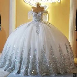 2024 Silver Sparkly Ball Gown Wedding Dresses Off Shoulder Lace Tulle Applique Brides Gown Long Robe de Mariage