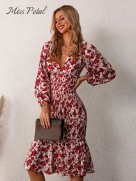 Casual Dresses MISS PETAL Plunge Neck Midi Dress For Woman Red Floral Sexy Long Sleeve Bodycon Smocked 2024 Summer Female Sundress