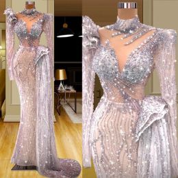 Prom espumante mangas compridas halter v pescoço apliques lantejoulas frisado vestidos de renda até o chão celebridade vestido de noite vestidos plus size feito sob encomenda