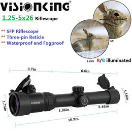 Visionking Light Weigh 1.25-5x26 Military Hunting Riflescope FMC Illuminatied Three Pin Reticle Nitrogen 30mm Mount Tube Tactical Optical Sight For .223 Cal