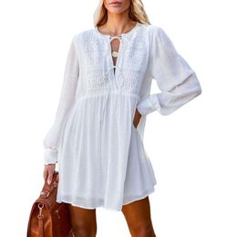 2024 Spring Summer New Women's Fashion Solid Color Long Sleeve V-neck Loose Casual Dress OEM ODM