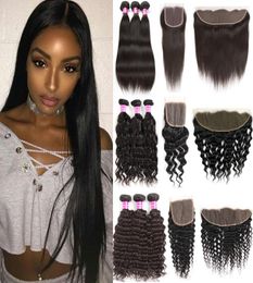 Human hair body wave straight deep water natural kinky curly bundles with lace closure frontal pre plucked transperant 30 32 34 361414480