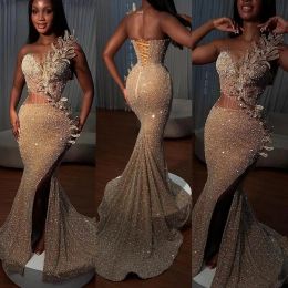 Prom Mermaid Dresses Sparkly Sequins Illusion Bodice Beaded Applique High Split Custom Made Pleats Evening Gown Formal Ocn Wear Vestidos Plus Size 0509