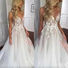 A Line Boho Dresses For Bride Spaghetti Appliques Tulle Wedding Dress Vestidos De Novia Thigh Slit Designer Bridal Gowns ppliques signer